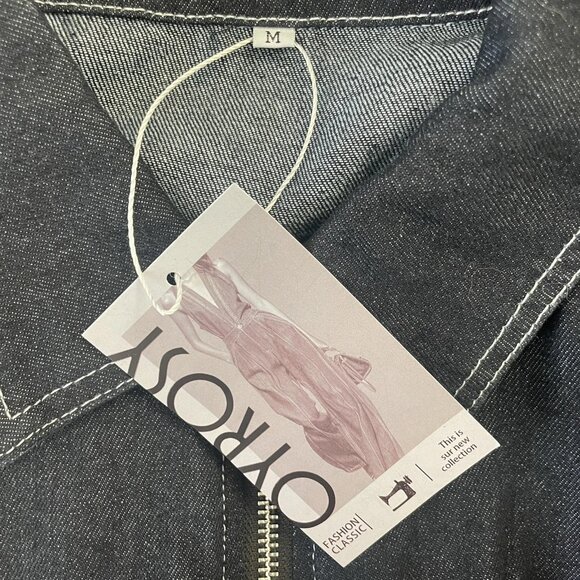 Oyrosy Retro Wide Leg Denim Jumpsuit Size M Dark Wash Black Zip Front Utility - Picture 9 of 9